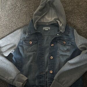 C. Jason Denim Jacket with Gray Hoodie Sleeves